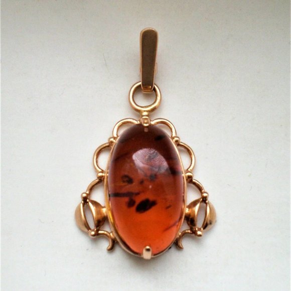 Vintage Russian Soviet USSR 14K 583 Rose Pink Gold Baltic Honey AMBER PENDANT - Picture 4 of 4